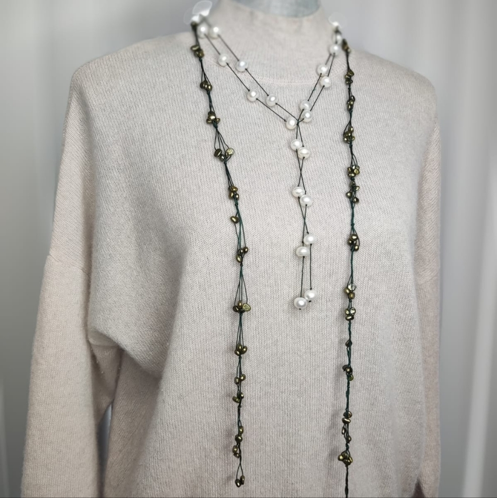 Genuine Freshwater Olive Pearl Lariat Handknit Pearl Scarf - Picture 9 of 11